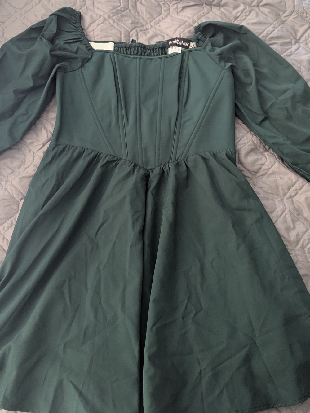 Dark Green Square-Neck Puff-Sleeve Dress